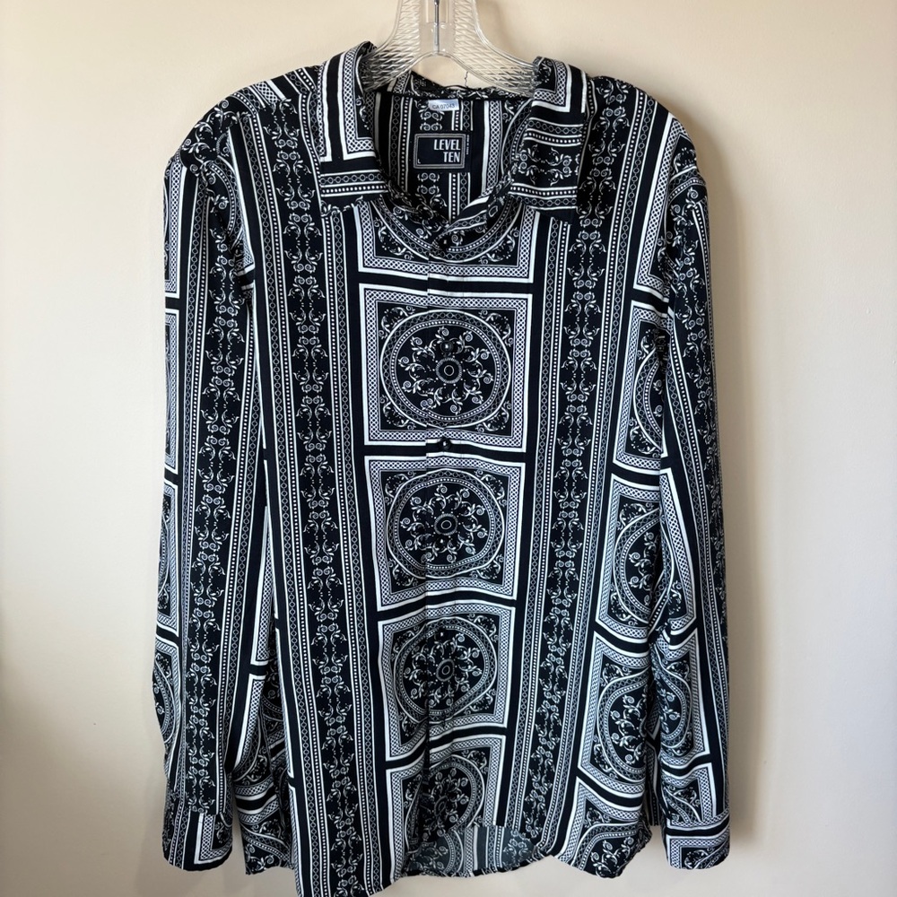 Level Ten Men’s Black & White Party Dress Shirt with Geometric Patterns